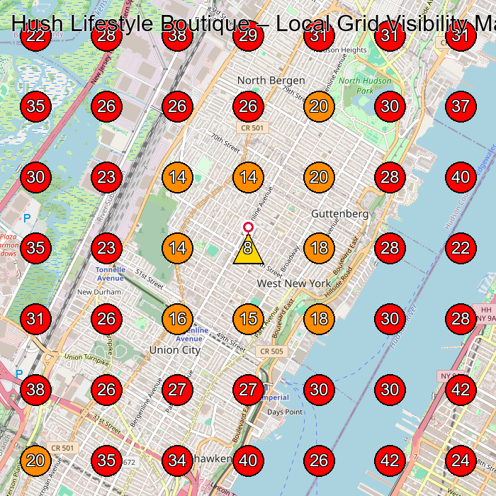 Hush Lifestyle Boutique GeoGrid visibility map for Tienda De Ropa in West New York